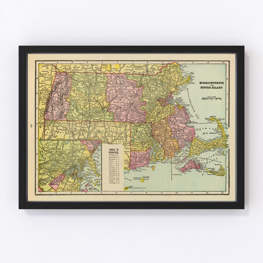 Massachusetts, Rhode Island Vintage Map 1909