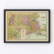 Massachusetts, Rhode Island Vintage Map 1909