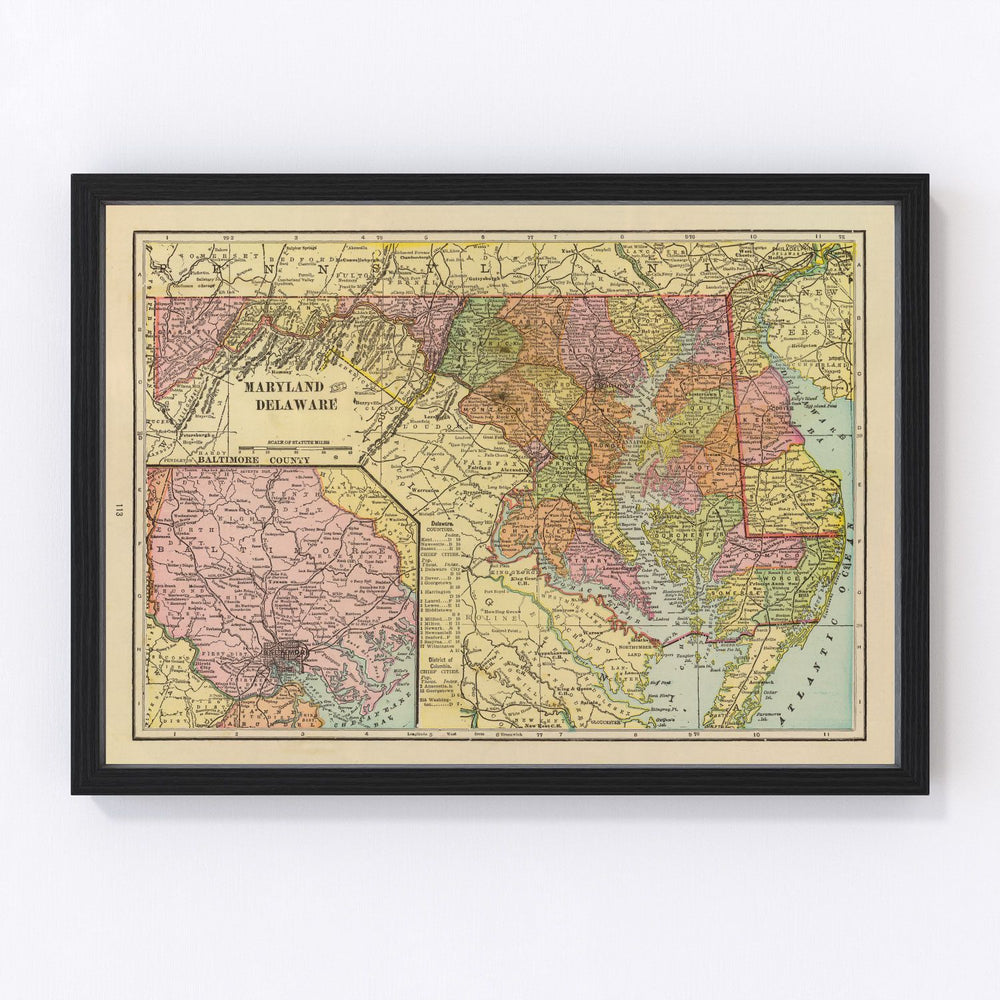 Maryland, Delaware Vintage Map 1909