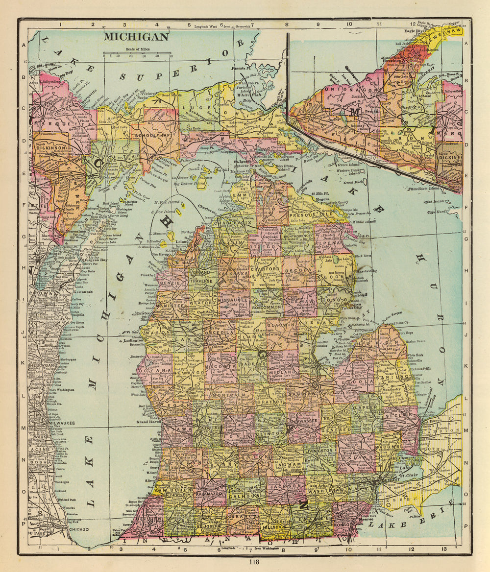 Vintage Map of Michigan 1909 print style example