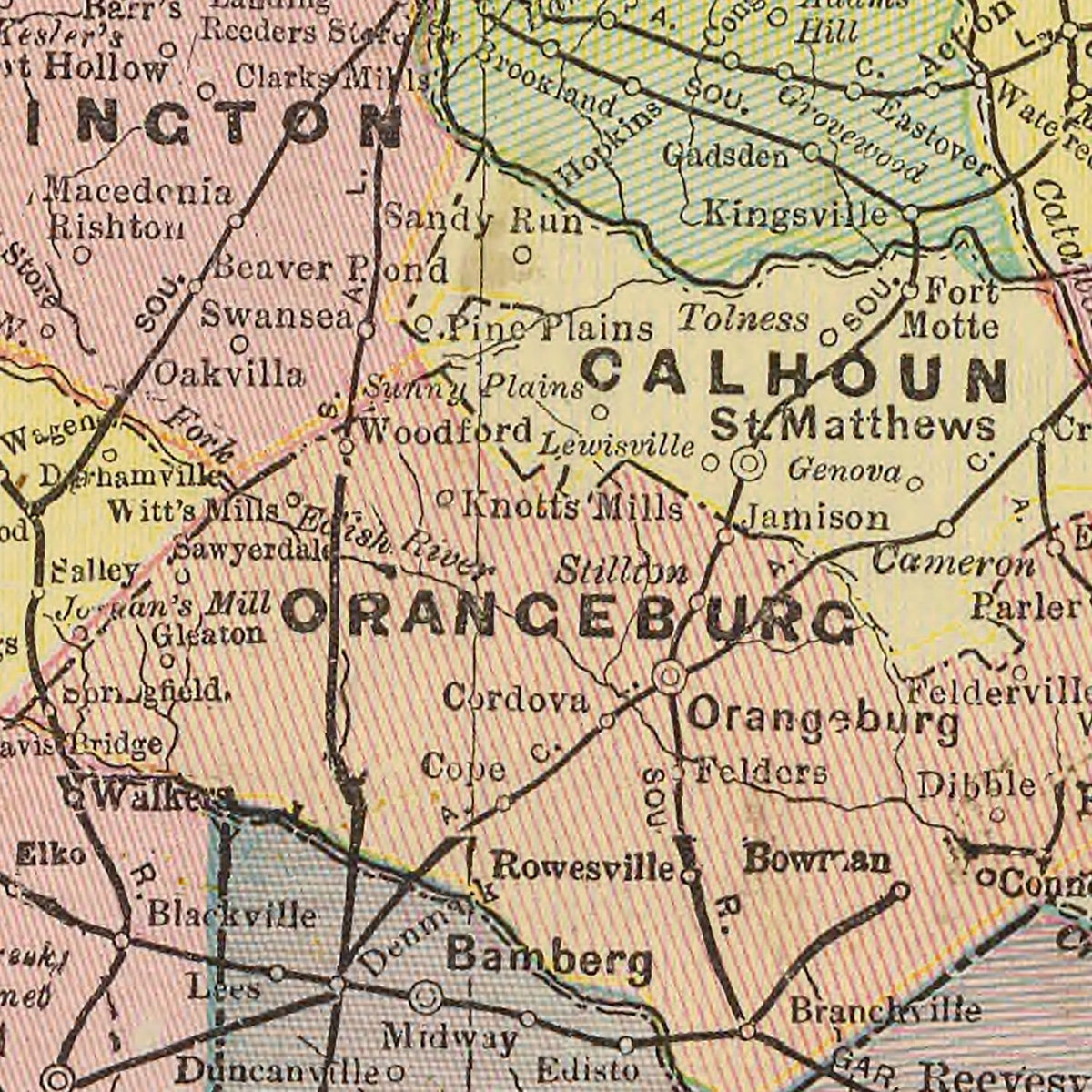 Restored historic details from the 1909 state map of South Carolina, South Carolina
