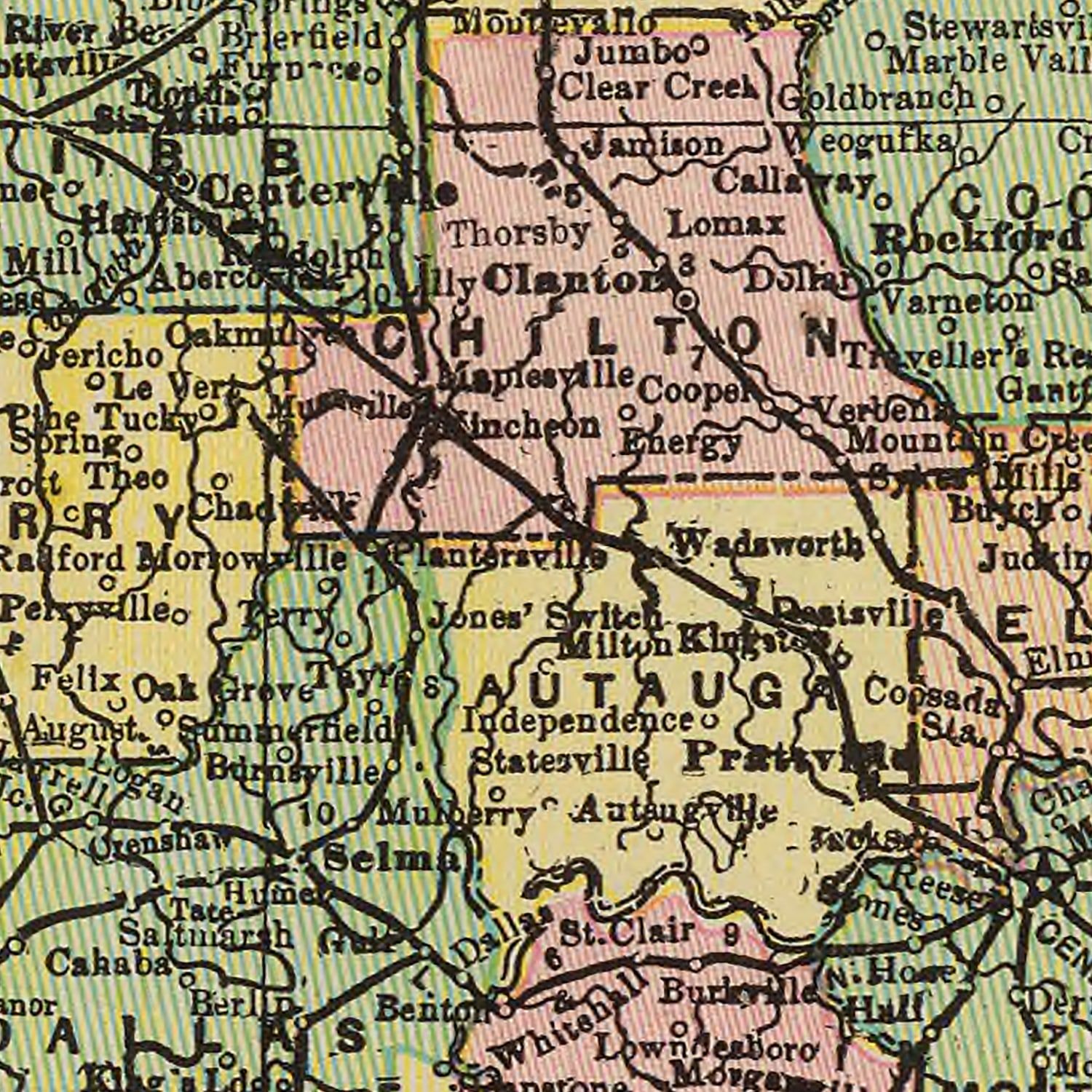 Restored historic details from the 1909 state map of Alabama, Alabama