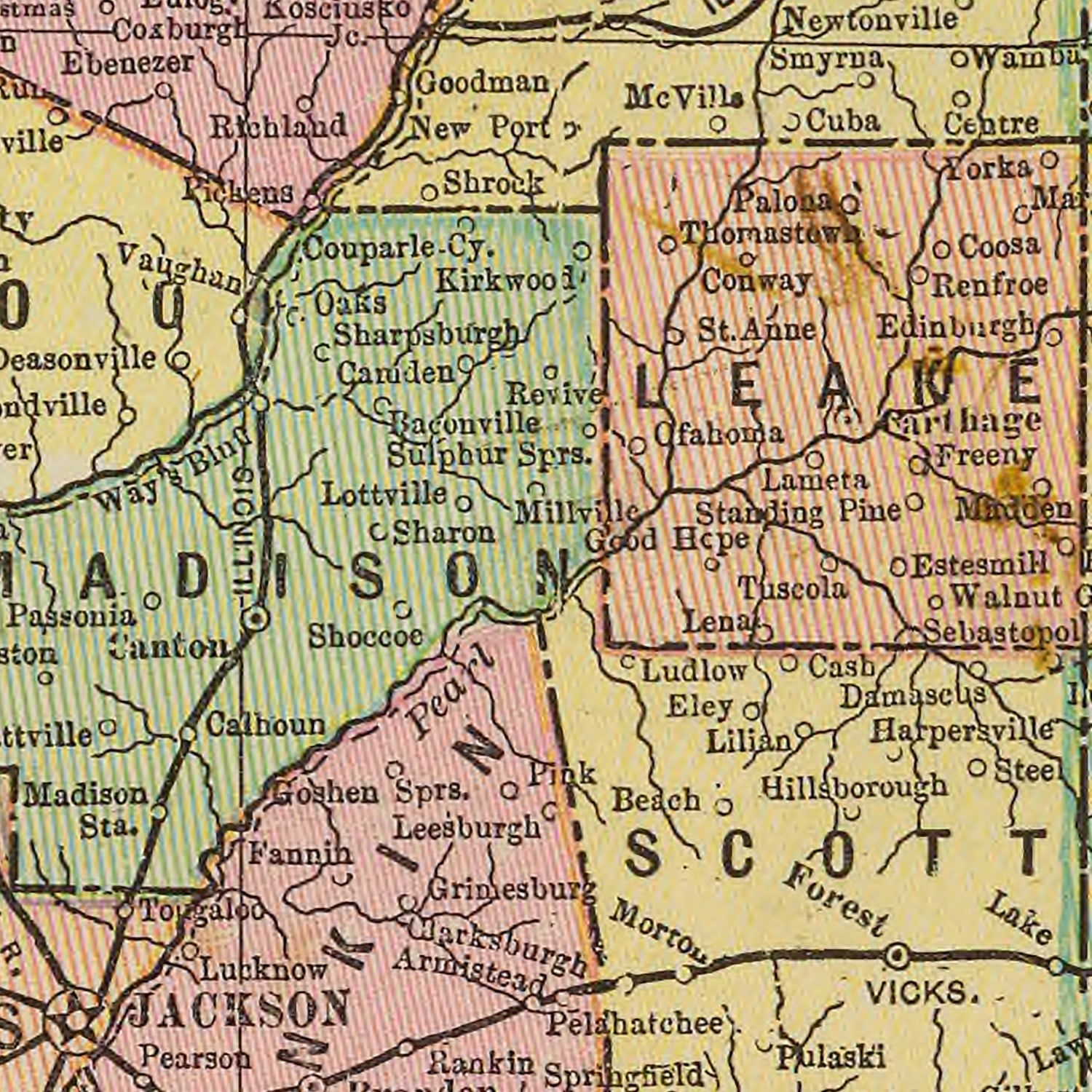 Restored historic details from the 1909 state map of Mississippi, Mississippi