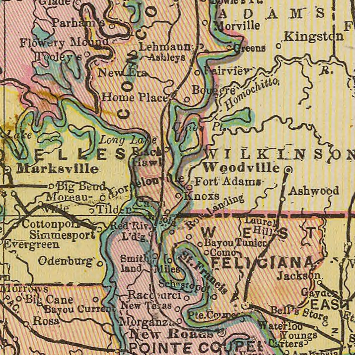 Restored historic details from the 1909 state map of Louisiana, Louisiana