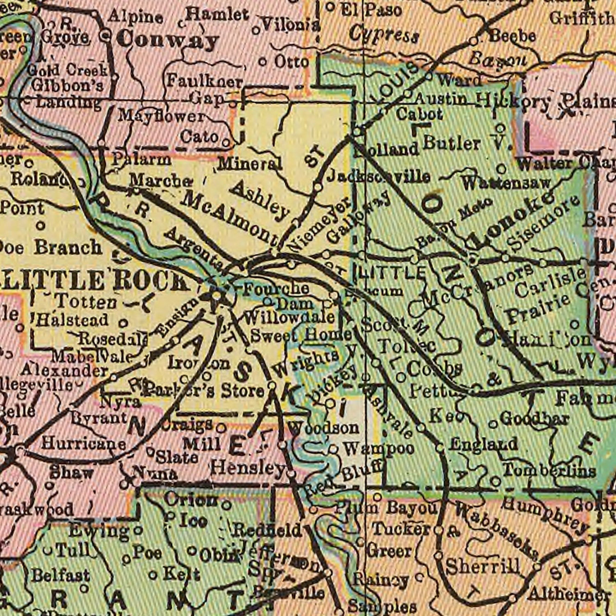 Restored historic details from the 1909 state map of Arkansas, Arkansas