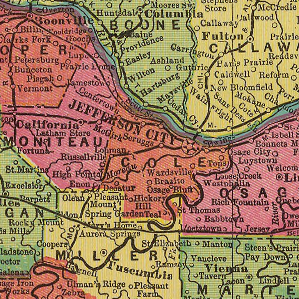 Restored historic details from the 1909 state map of Missouri, Missouri