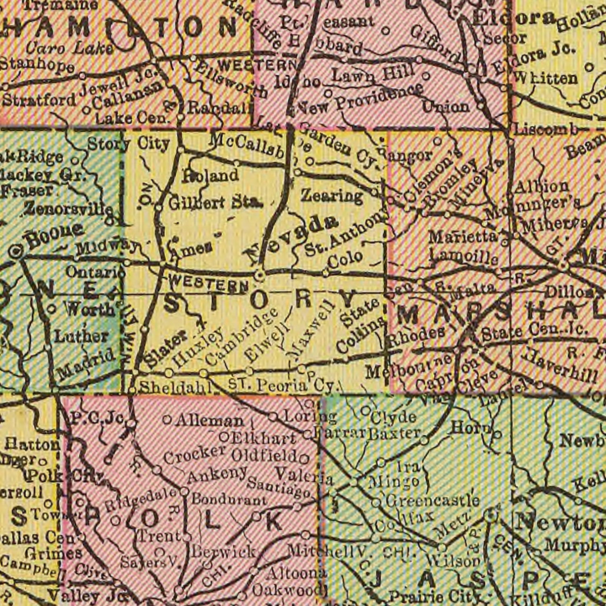 Restored historic details from the 1909 state map of Iowa, Iowa