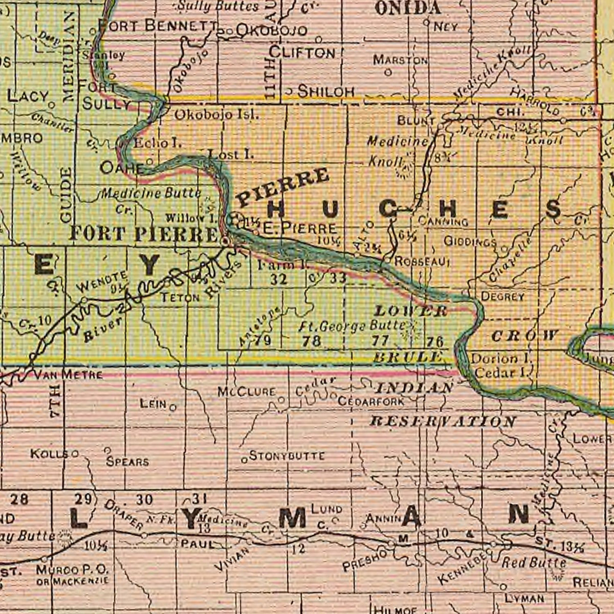 Restored historic details from the 1909 state map of South Dakota, South Dakota