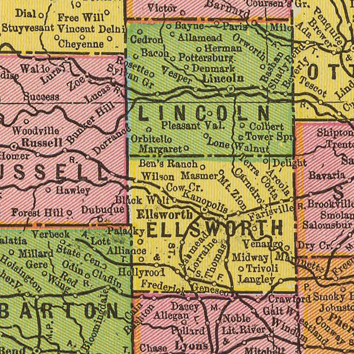 Restored historic details from the 1909 state map of Kansas, Kansas