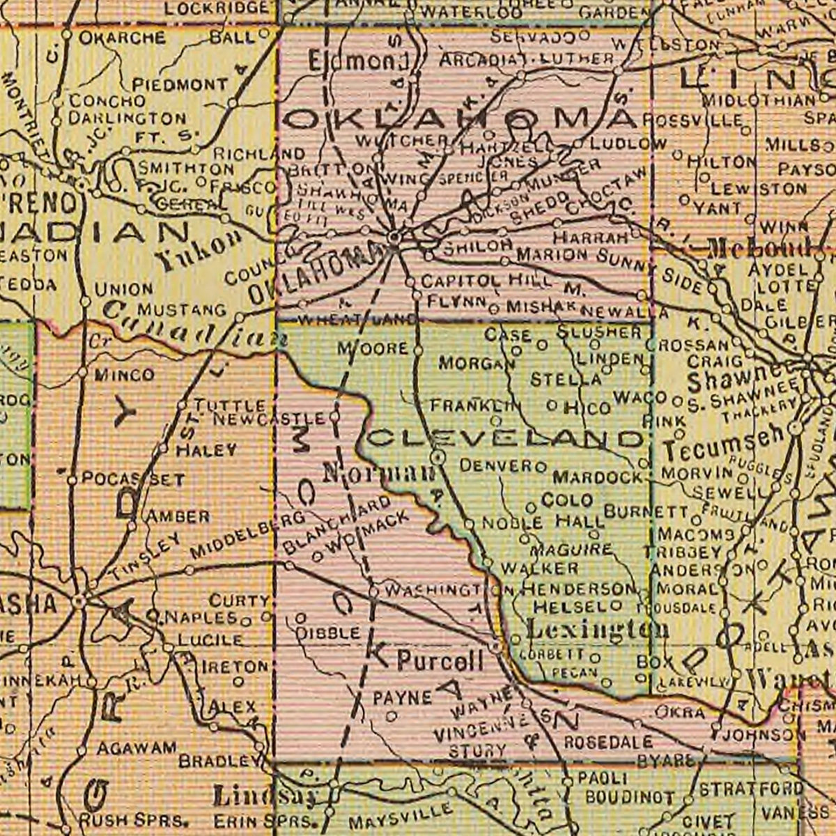 Restored historic details from the 1909 state map of Oklahoma, Oklahoma