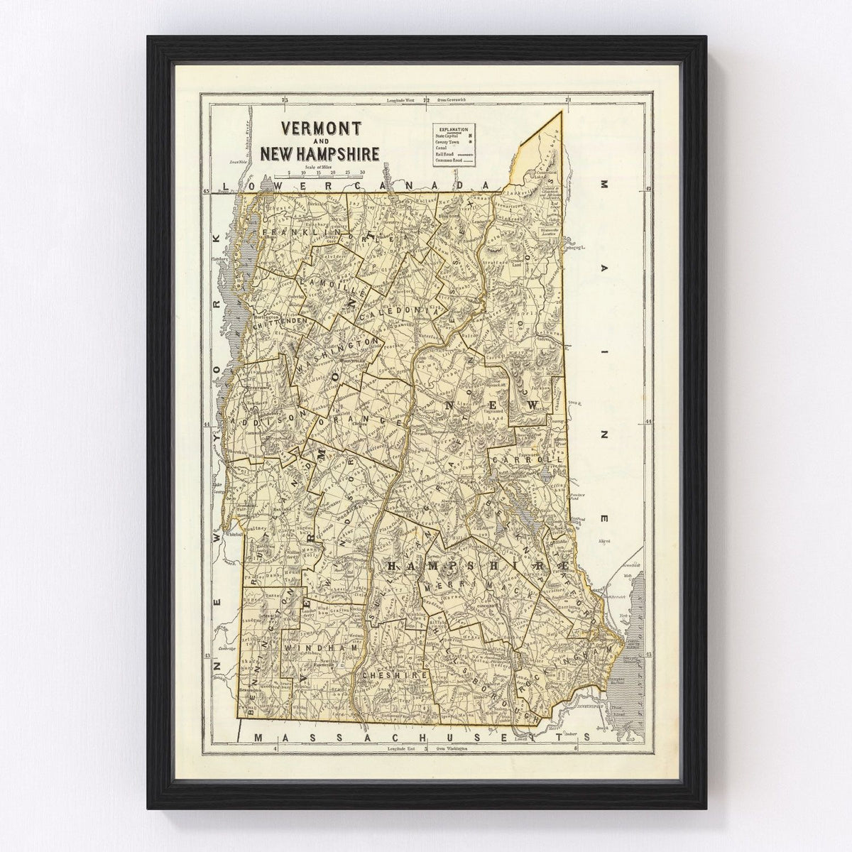 Vermont, New Hampshire Vintage Map 1842