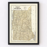 Vermont, New Hampshire Vintage Map 1842