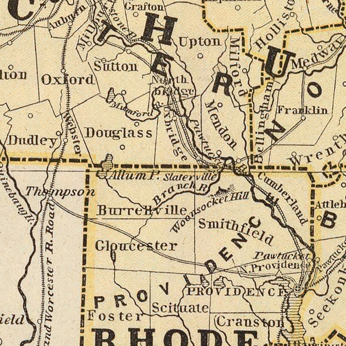 Restored historic details from the 1842 state map of County, Massachusetts & Rhode Island