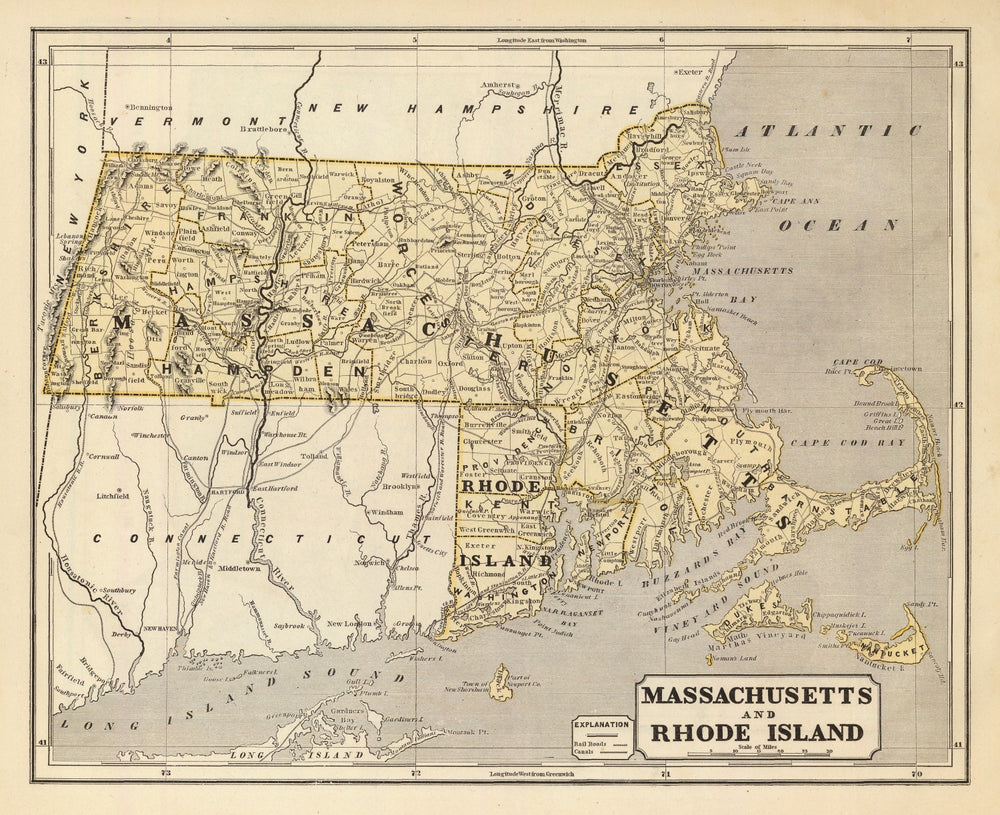 Vintage Map of Massachusetts & Rhode Island 1842 print style example