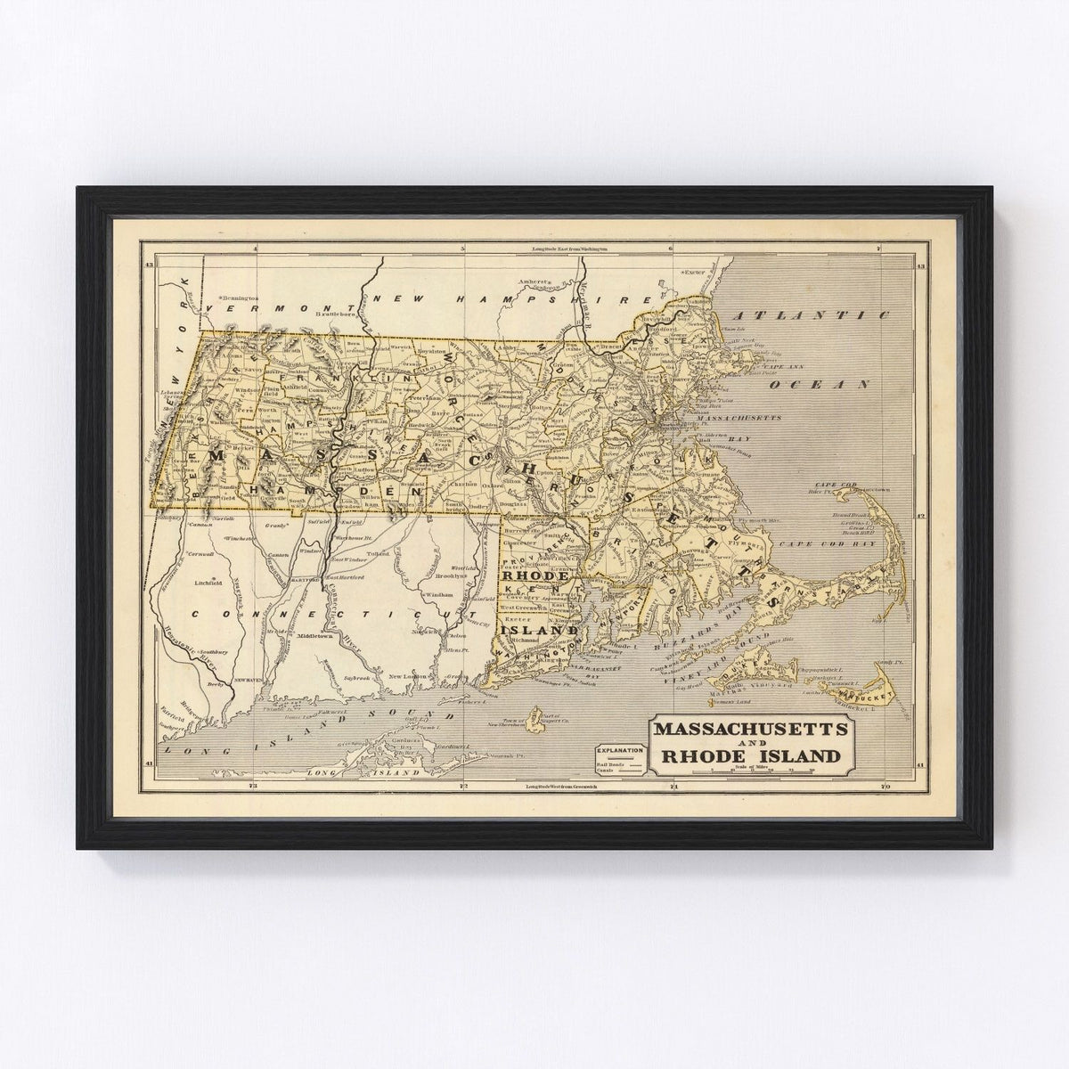 Massachusetts, Rhode Island Vintage Map 1842