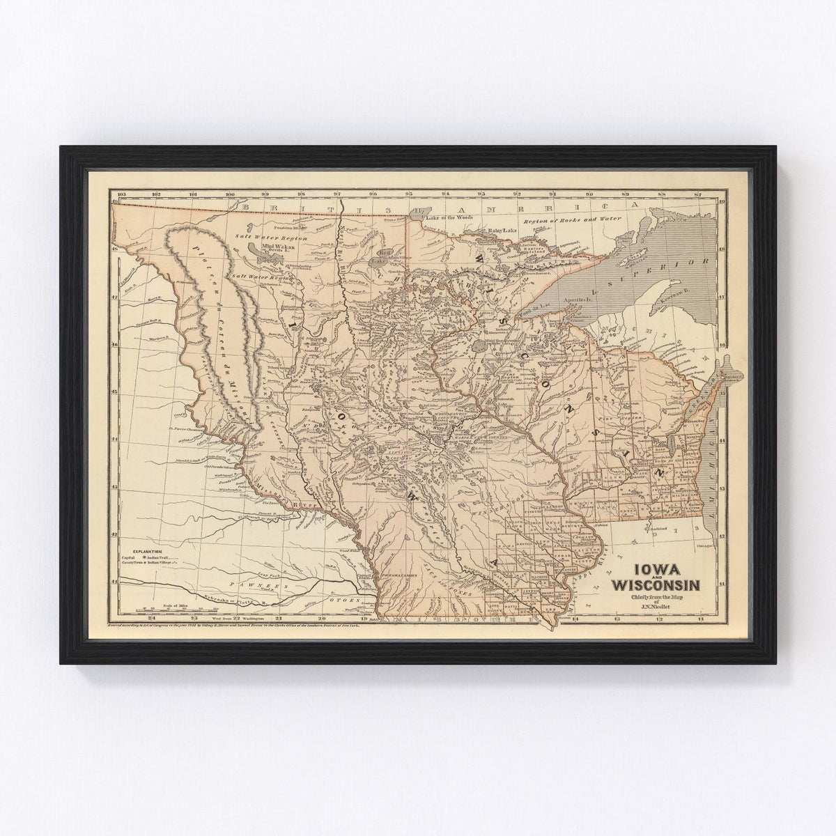 Iowa, Wisconsin Vintage Map 1842