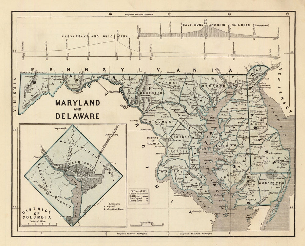 Vintage Map of Maryland & Delaware 1842 print style example