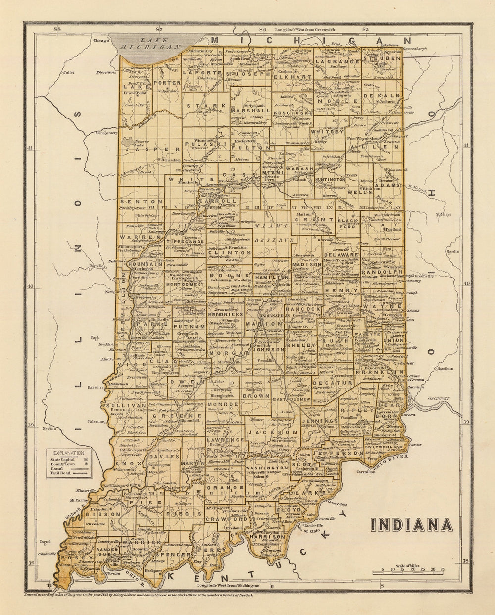Vintage Map of Indiana 1842 print style example
