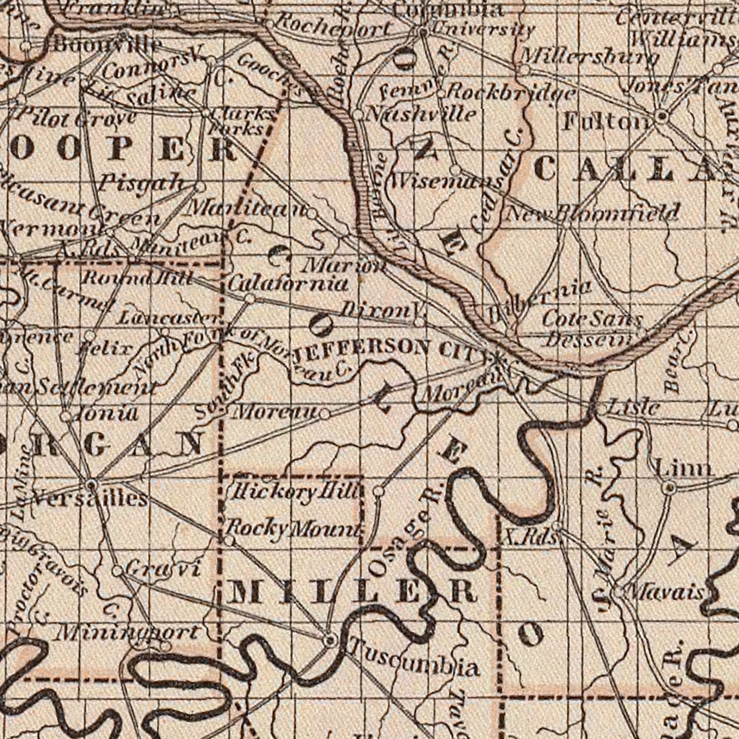 Restored historic details from the 1842 state map of Missouri, Missouri
