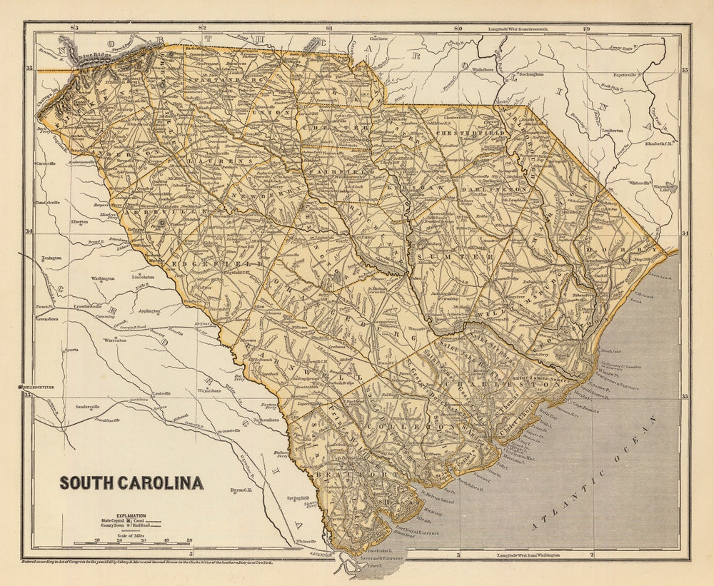 Vintage Map of South Carolina 1842 print style example