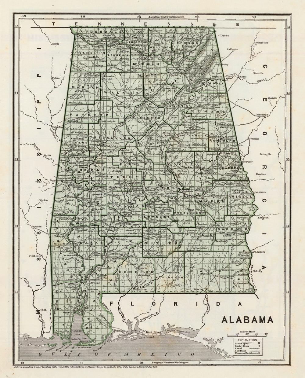 Vintage Map of Alabama 1842 print style example