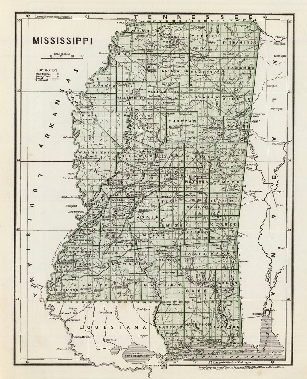 Vintage Map of Mississippi 1842 print style example