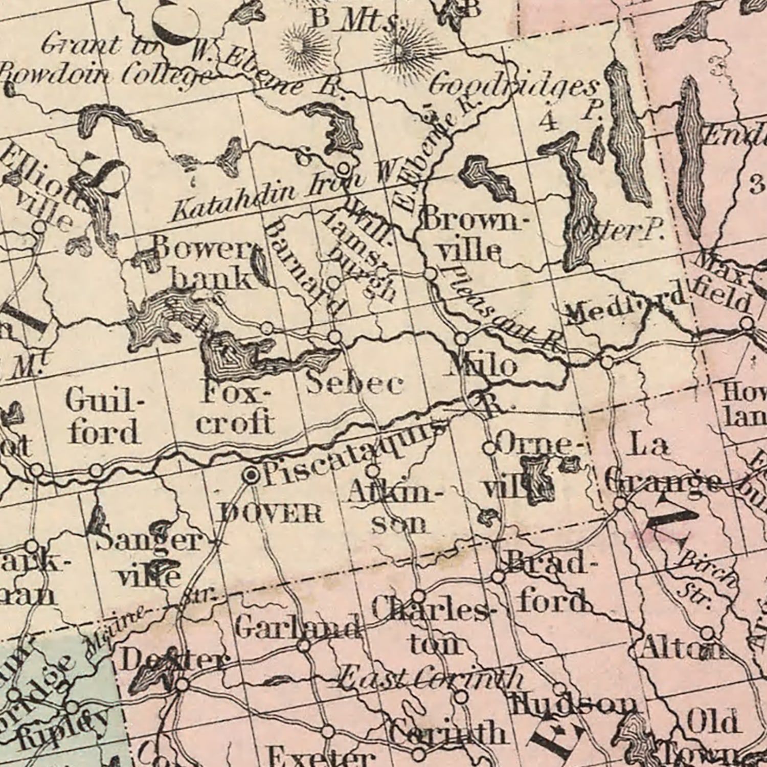 Restored historic details from the 1861 state map of Maine, Maine