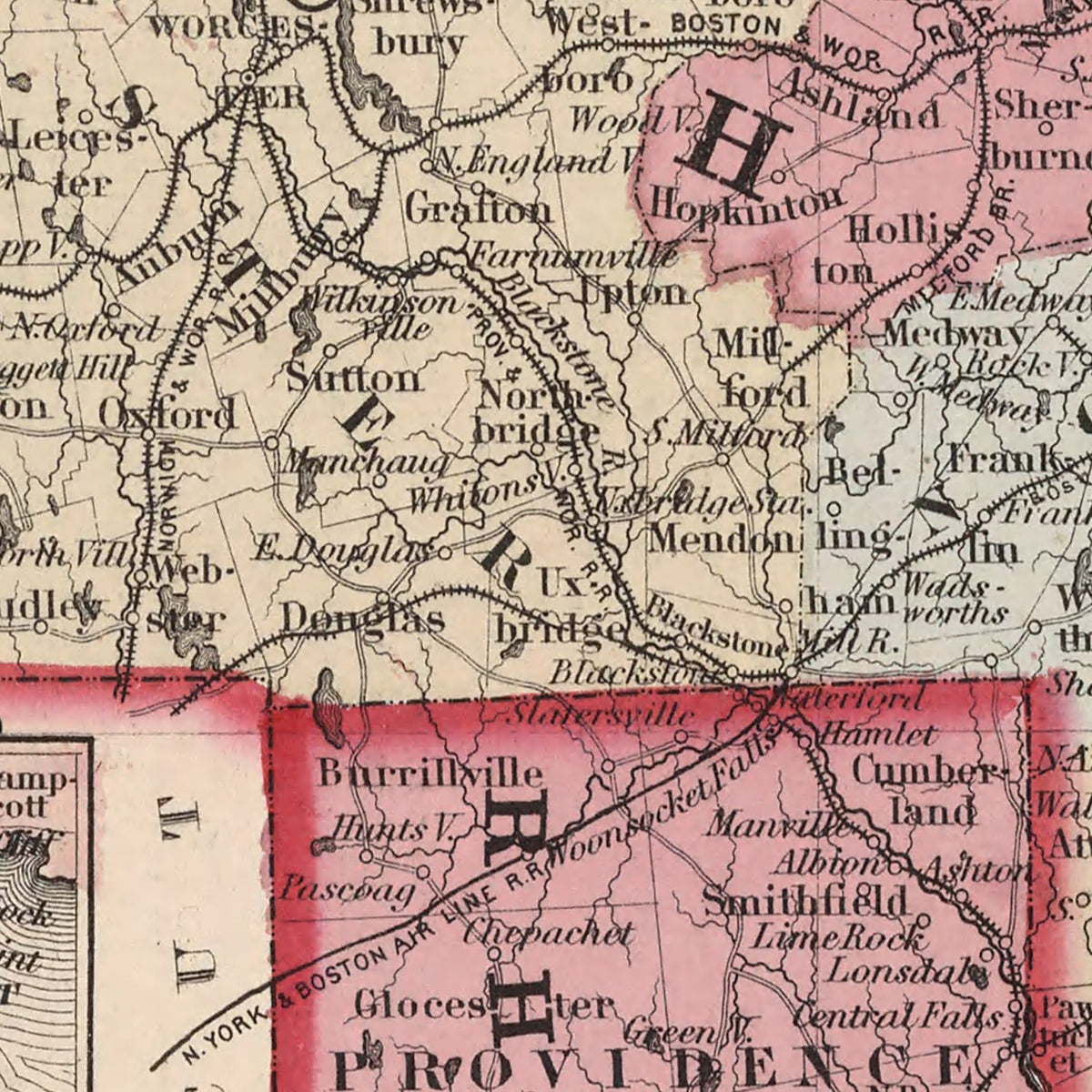 Restored historic details from the 1861 state map of County, Massachusetts & Rhode Island