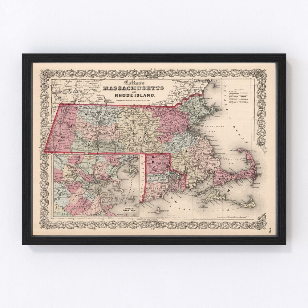 Massachusetts, Rhode Island Vintage Map 1861