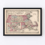 Massachusetts, Rhode Island Vintage Map 1861