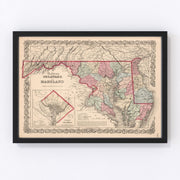 Maryland, Delaware Vintage Map 1861