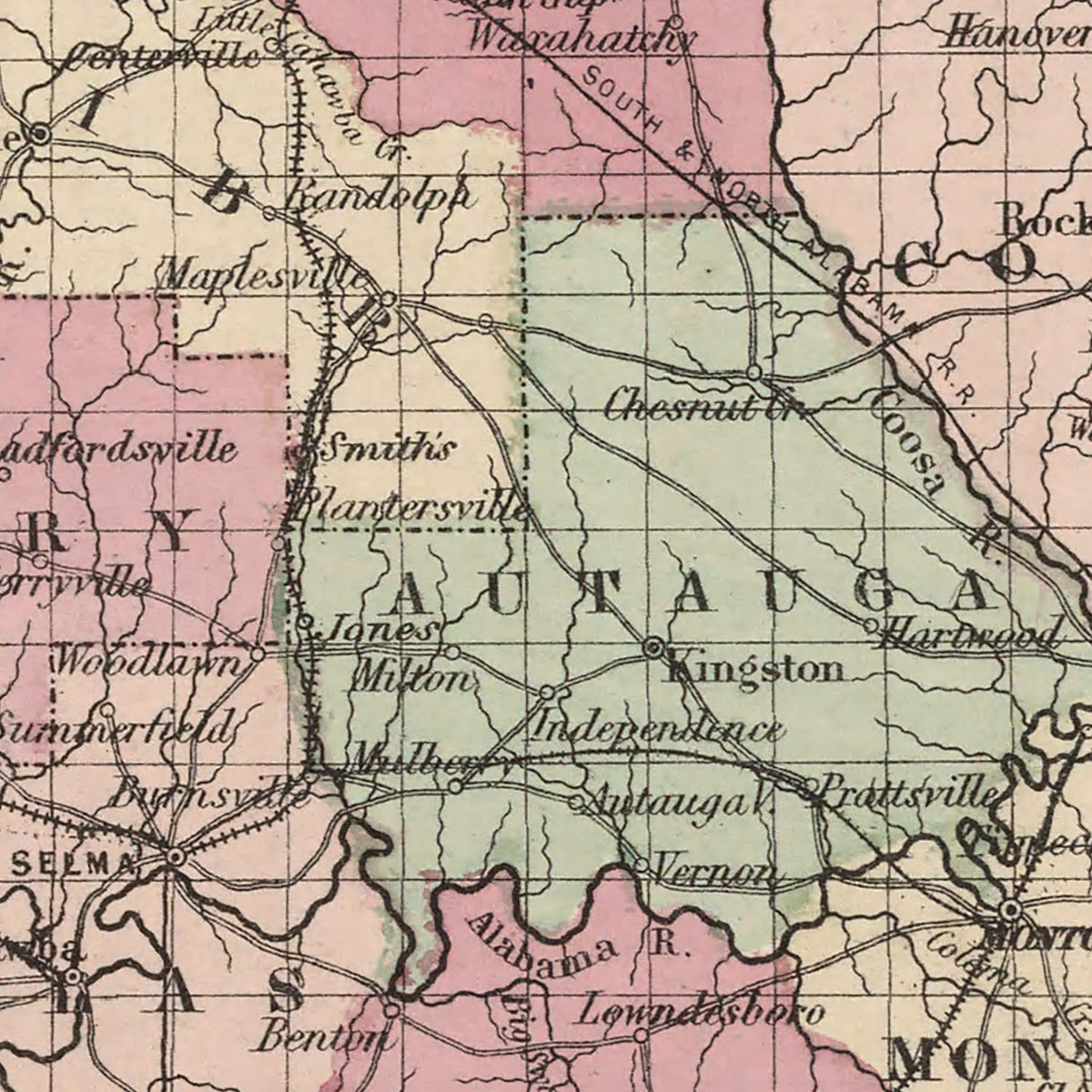Restored historic details from the 1861 state map of Alabama, Alabama