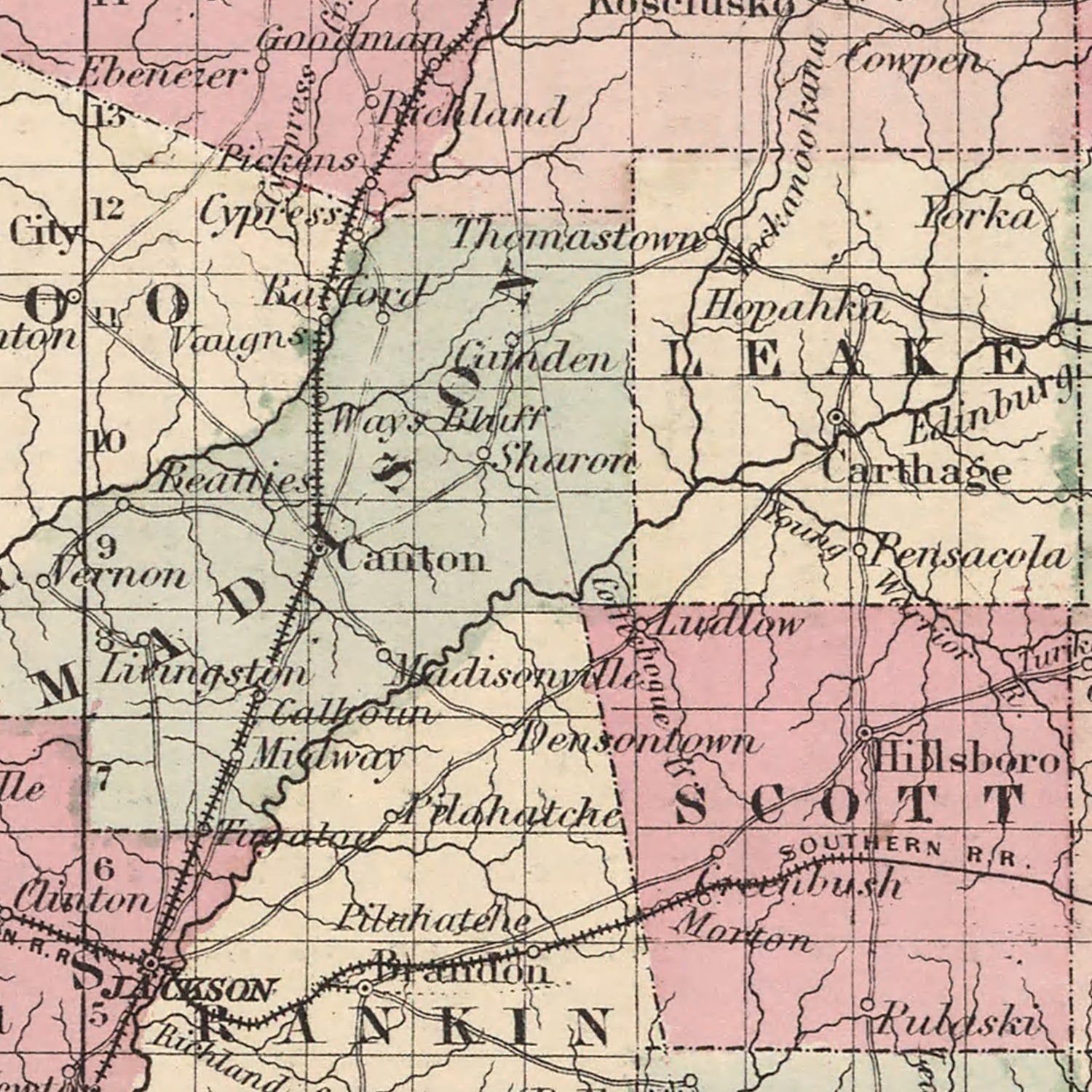 Restored historic details from the 1861 state map of Mississippi, Mississippi