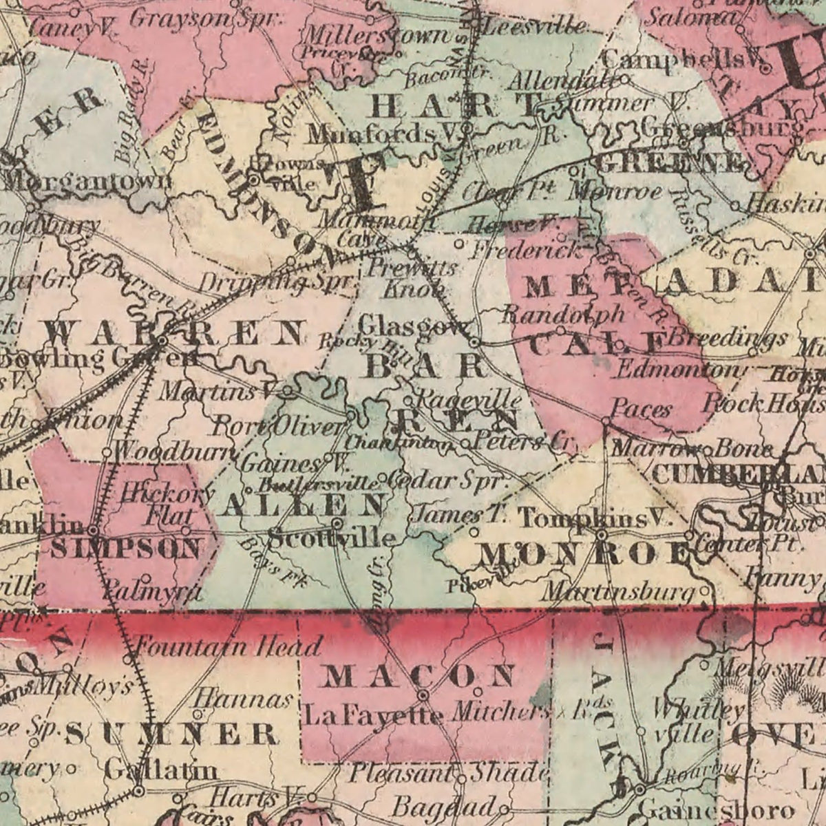 Restored historic details from the 1861 state map of County, Kentucky & Tennessee