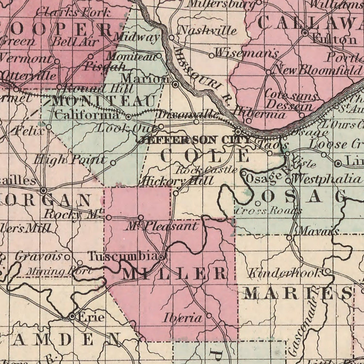 Restored historic details from the 1861 state map of Missouri, Missouri
