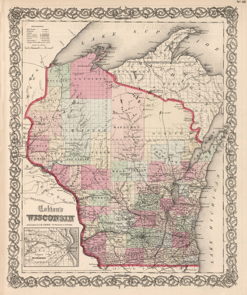 Vintage Map of Wisconsin 1861 print style example