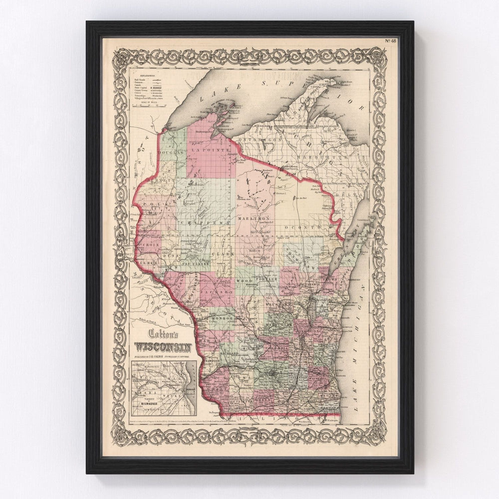 Wisconsin Vintage Map 1861