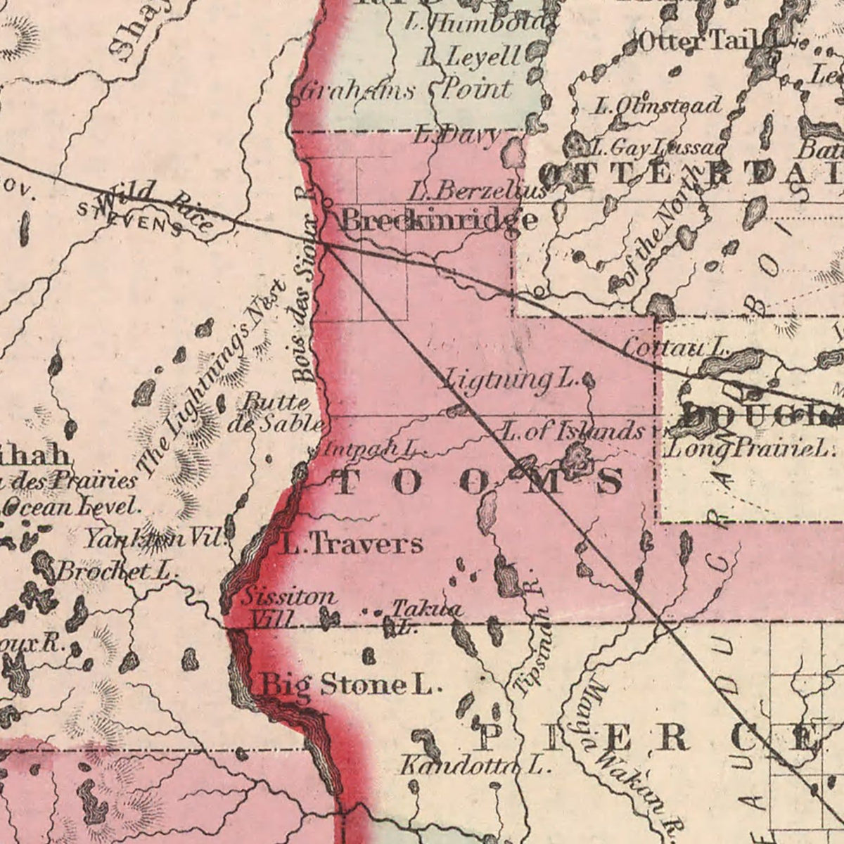 Restored historic details from the 1861 state map of County, Minnesota & Dakota Territory