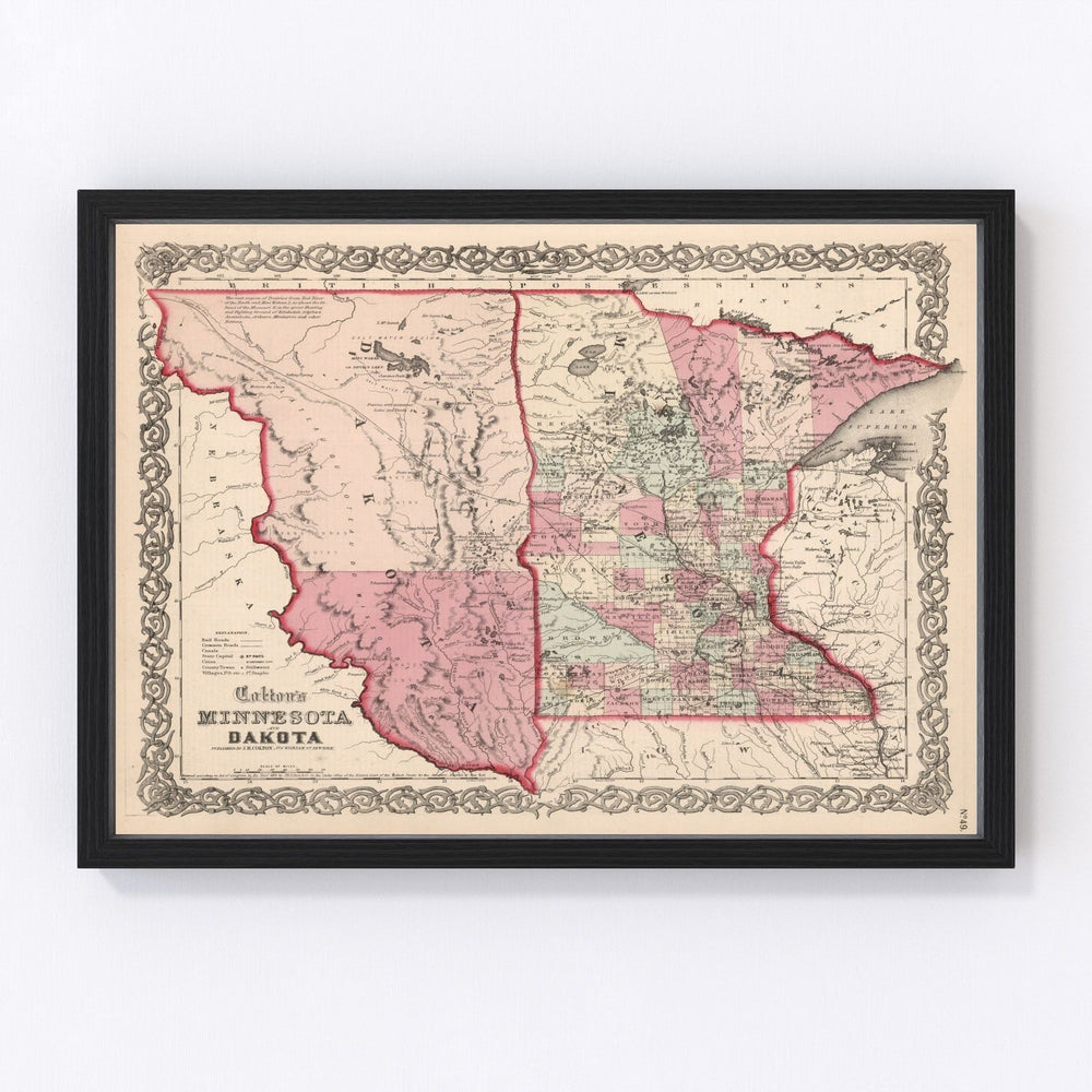 Minnesota, South Dakota, North Dakota Vintage Map 1861