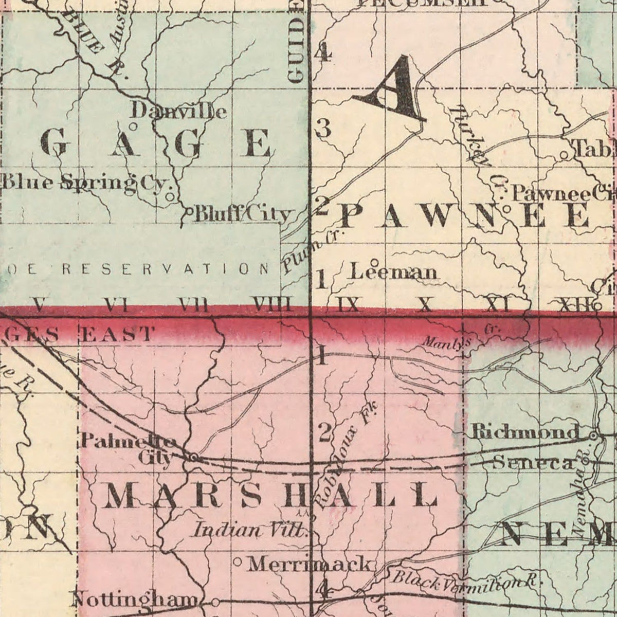 Restored historic details from the 1861 state map of County, Kansas & Nebraska
