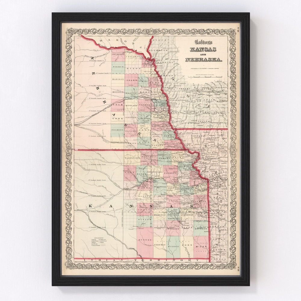 Kansas, Nebraska Vintage Map 1861