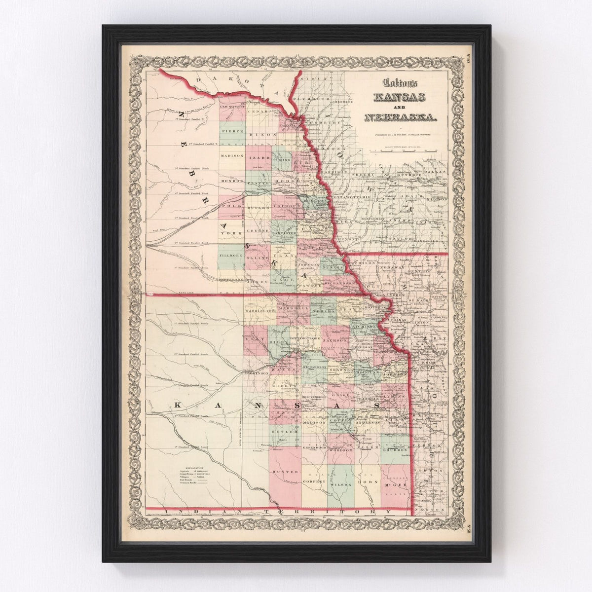 Kansas, Nebraska Vintage Map 1861