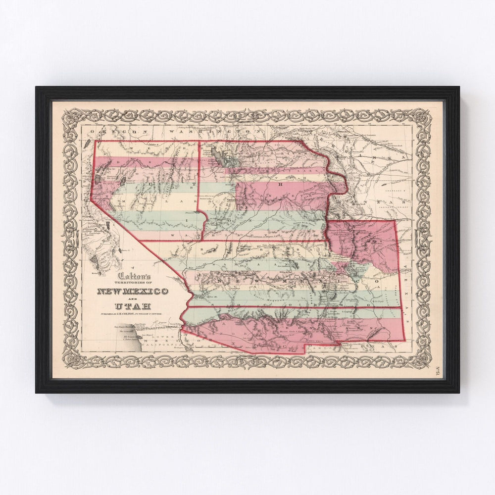 New Mexico, Utah Vintage Map 1861