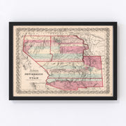 New Mexico, Utah Vintage Map 1861
