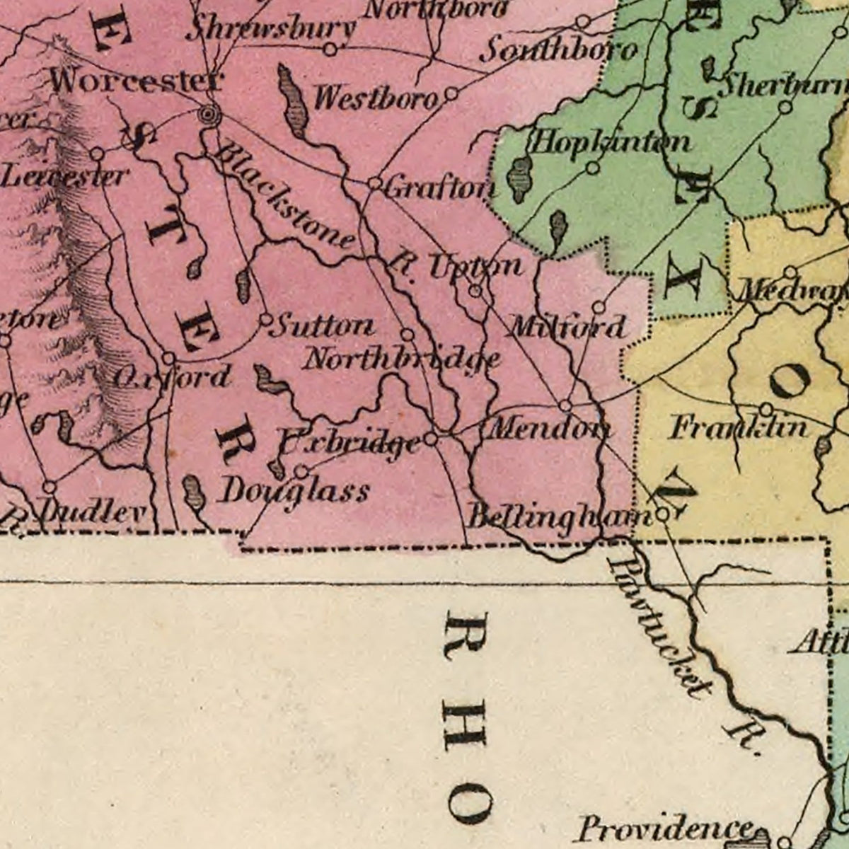 Restored historic details from the 1824 state map of Massachusetts, Massachusetts