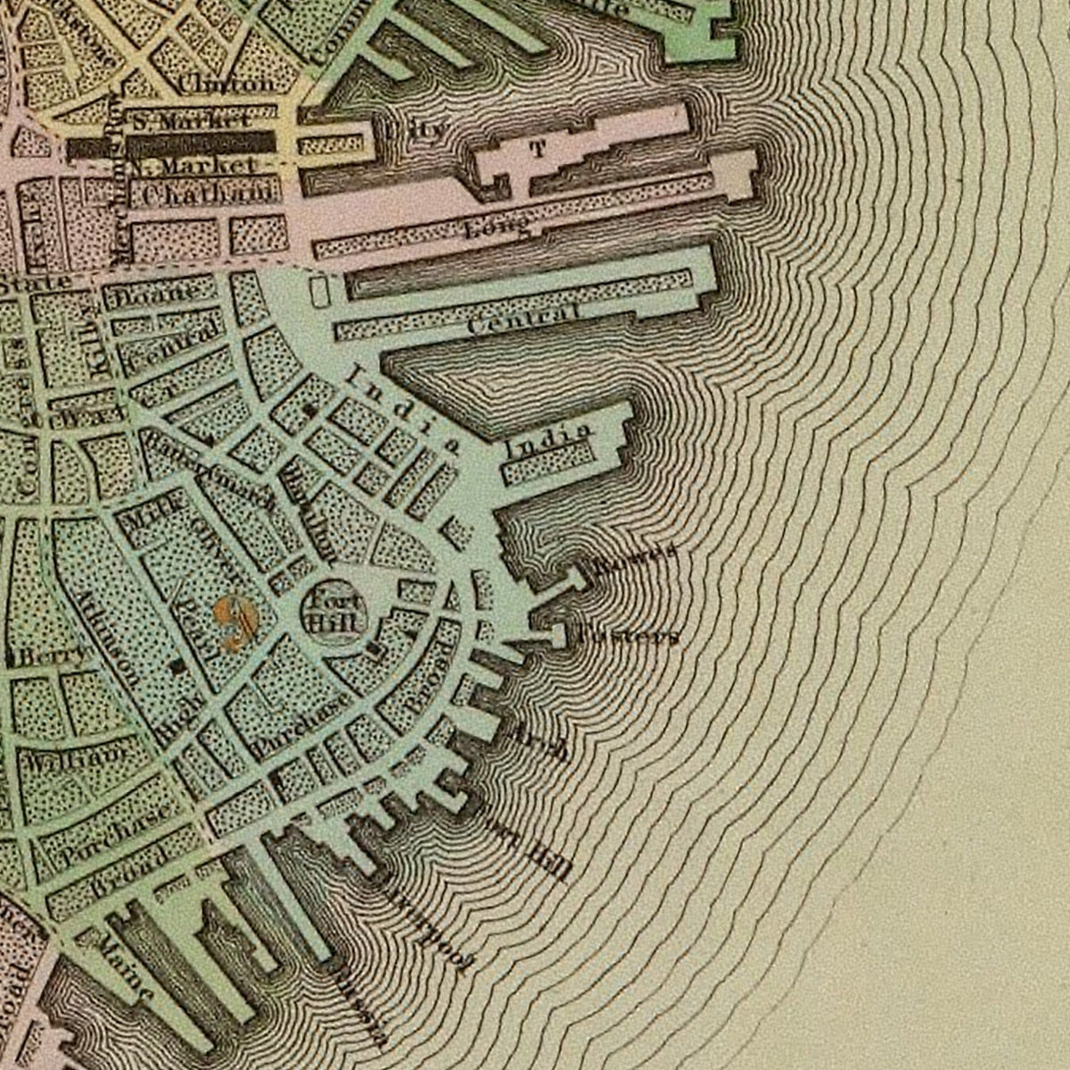Restored historic details from the 1838 city map of Boston, Massachusetts