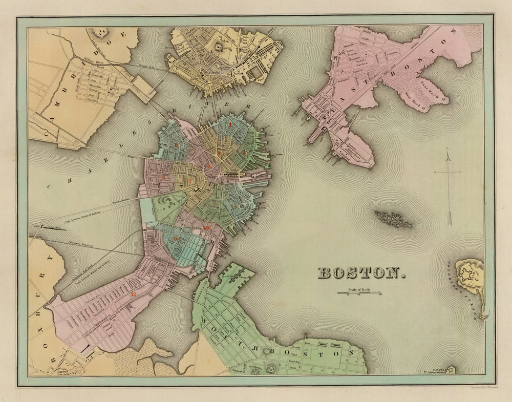 Vintage Map of Boston, Massachusetts 1838 print style example