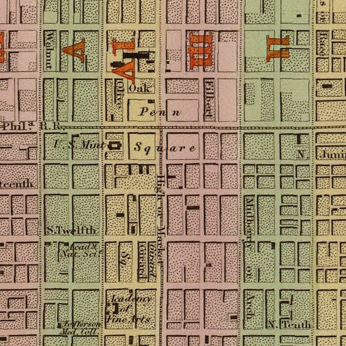 Restored historic details from the 1838 city map of Philadelphia, Pennsylvania