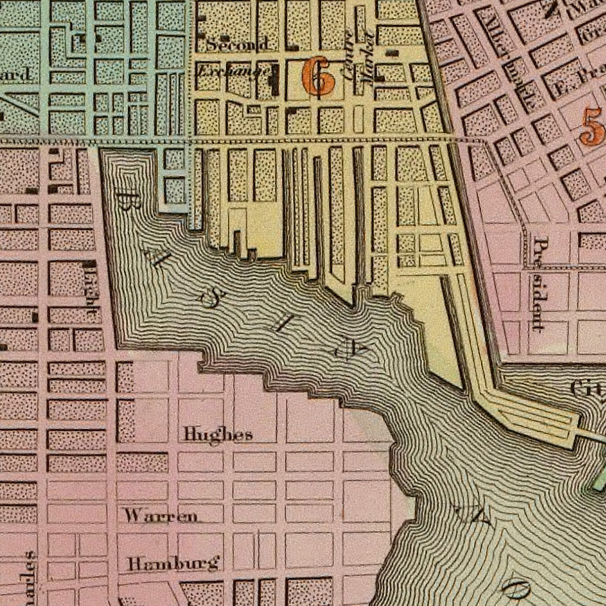 Restored historic details from the 1838 city map of Baltimore, Maryland