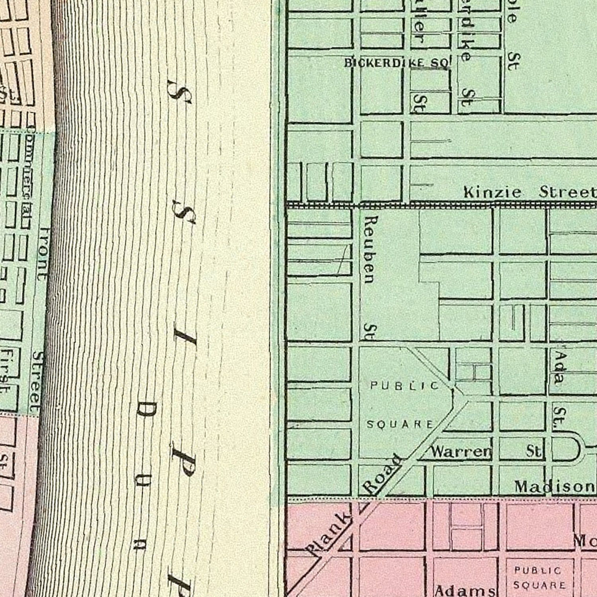 Restored historic details from the 1856 city map of Chicago, Illinois